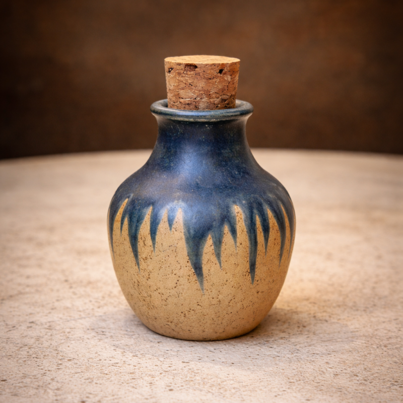 Hand-thrown ceramic jar with a natural cork stopper and blue dripping glaze over speckled clay by Corax Ceramics.